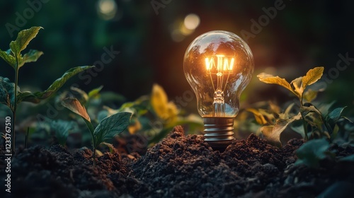 A green energy bulb symbolizes an eco-friendly environment and technological innovation. photo