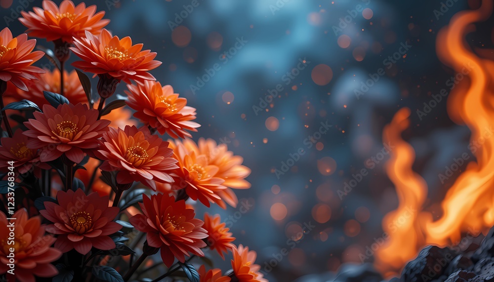 Orange flowers against a backdrop of fire and smoke.