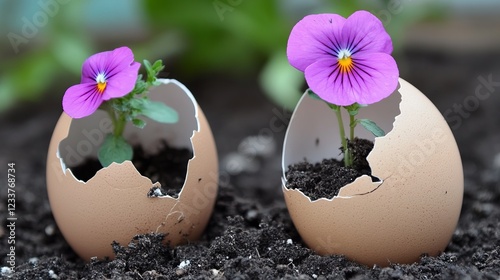 Flowers growing in eggshells on soil. photo