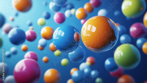 Bouncing with Joy: Vibrant spheres of color dance against a dynamic blue backdrop in an energetic and playful illustration that captures the spirit of childlike wonder.  
