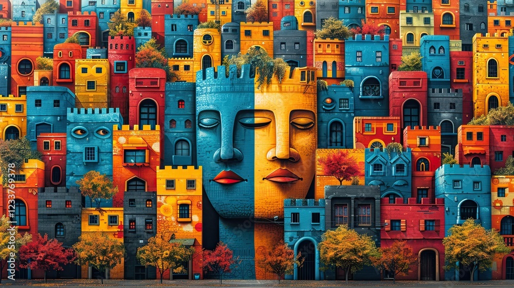 Fototapeta premium A community mural celebrates the stories of its people in this vibrant flat design piece
