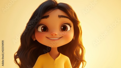 A happy and smiling Indian cartoon character, depicting a young girl or teenager in 3D style, stands out against a light background. photo