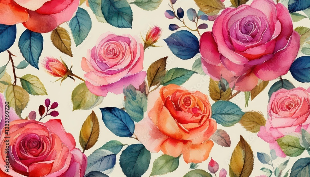 Vibrant Watercolor Seamless Rose Pattern G at A Lush Romantic Blossom in a Whimsical, Artistic Swirl Vibrant Watercolor Seamless Rose Pattern G at A Lush Romantic Blossom in a Whimsical, Artistic Swirl