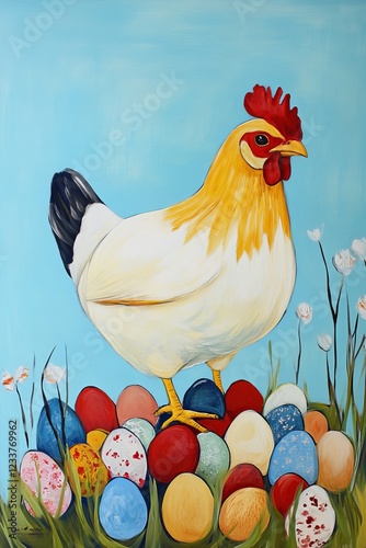 Chicken standing on colorful eggs in a grassy field. photo