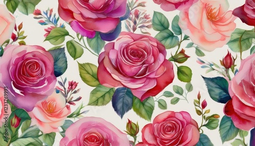 Wallpaper Mural Vibrant and Romantic Watercolor Seamless Rose Pattern, Showcasing a Lush Bouquet in Rich Colors and Textures, Ideal for Digital Art, Home Decor, or Design Inspiration. Torontodigital.ca