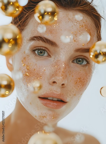 Wallpaper Mural Realistic shot of an animated close-up showing the face and eyes of an attractive woman with glowing skin, surrounded by golden spheres representing Rosehip supplement capsule shapes floating  Torontodigital.ca