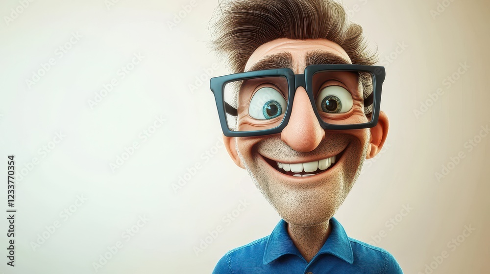 A happy, smiling cartoon character of an adult man, wearing a blue shirt and large glasses, is depicted in a 3D style on a light background. A happy, smiling cartoon character of an adult man, wearing a blue shirt and large glasses, is depicted in a 3D style on a light background.