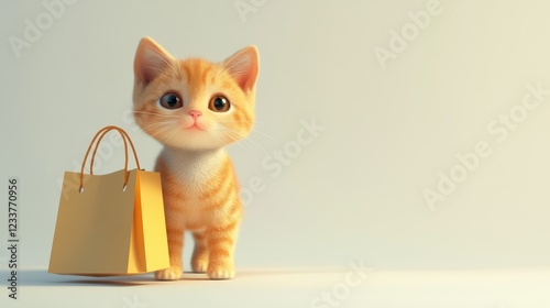 A happy, smiling ginger kitten cat in 3D design style stands with a paper shopping bag against a white background. photo