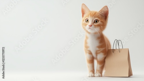 A happy, smiling ginger kitten cat in 3D design style stands with a paper shopping bag against a white background. photo