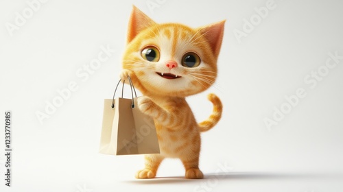 A happy, smiling ginger kitten cat in 3D design style stands with a paper shopping bag against a white background. photo