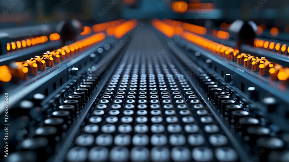 A close-up view of a conveyor belt with illuminated orange lights, showcasing a modern industrial setup in a manufacturing environment. A close-up view of a conveyor belt with illuminated orange lights, showcasing a modern industrial setup in a manufacturing environment.