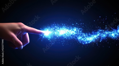 A human finger is touching a spark of electrical energy, symbolizing the concept of power and connection. photo