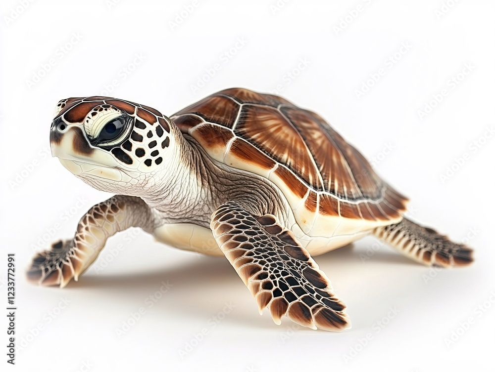 Obraz premium Sea turtle with brown shell and white underbelly isolated on a white background studio shot