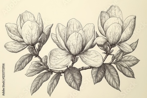 A detailed illustration of magnolia flowers and leaves.