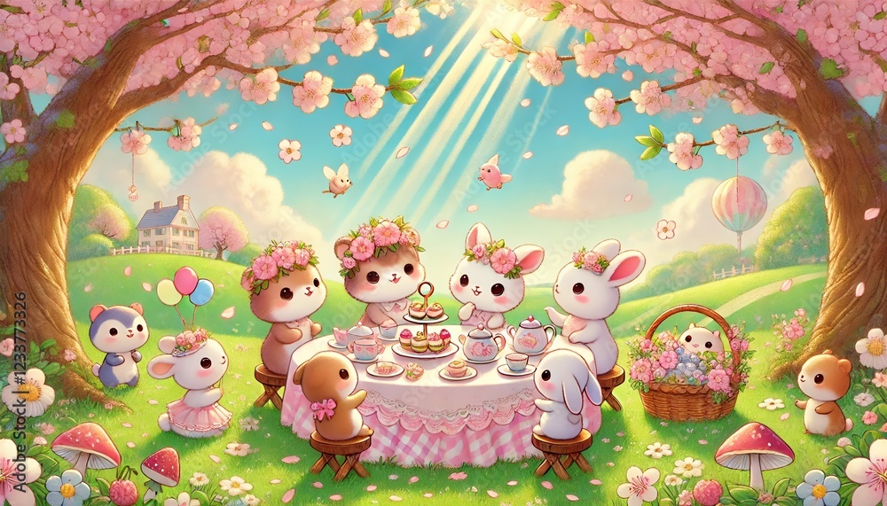 Obraz premium A whimsical and heartwarming illustration of animals enjoying a tea party under a blooming cherry blossom tree, set against a soft pastel-colored storybook background