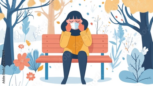 Woman wearing mask on bench in autumn park surrounded by falling leaves and trees