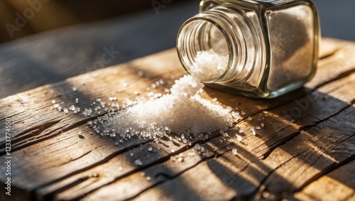 Salt Shaker Spilling Salt on Wooden Cutting Board Close Up Natural Light photo