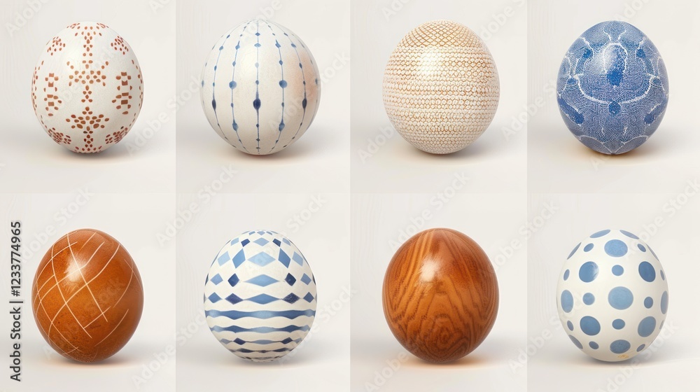 Fototapeta premium Collection of Artistic Decorative Eggs Featuring Various Patterns and Textures in a Soft Beige Background Capturing Modern Minimalist Aesthetic in Home Decor
