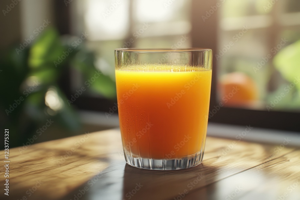 Sunlit orange juice glass on wooden table, indoor Sunlit orange juice glass on wooden table, indoor