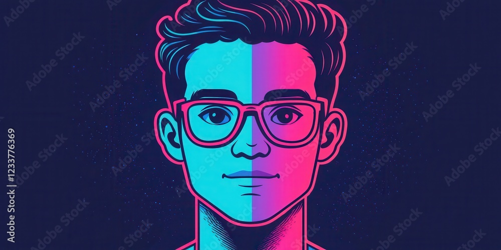 Fototapeta premium Young man with glasses in neon aesthetic style