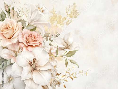 Blush & Ivory Floral Arrangement: A watercolor-style bouquet of blush roses and ivory lilies, accented with delicate gold foliage, creates an elegant and romantic floral arrangement.