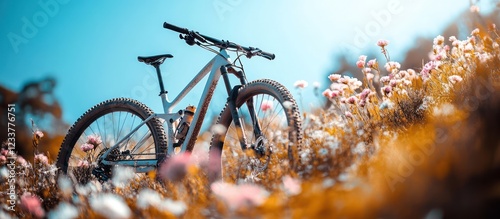 Mountain bike, wildflowers, sunny day, adventure