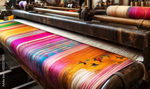 Intricate Artistry of Traditional Loom Weaving: A Close-Up on Colorful Textiles and Craftsmanship photo