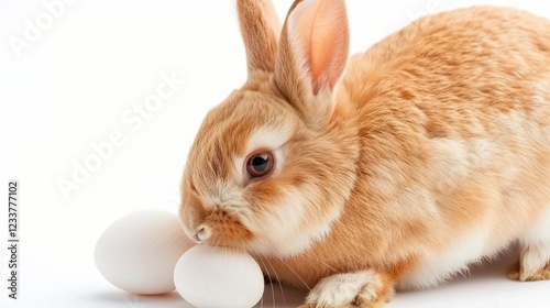 Easter fluffy rabbit resting beside eggs, conveying themes of spring and Easter celebrations in a vibrant and serene setting. photo