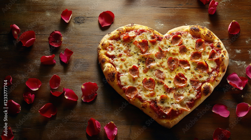 Romantic Heart-Shaped Pizza with Rose Petals Romantic Heart-Shaped Pizza with Rose Petals