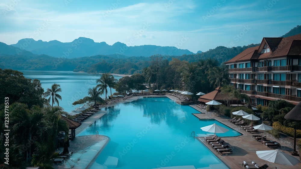 From luxurious exotic hotel resort you can see a breathtaking vista of sparkling azure sea and elegant infinity pool in early morning light of a sunny summer day From luxurious exotic hotel resort you can see a breathtaking vista of sparkling azure sea and elegant infinity pool in early morning light of a sunny summer day