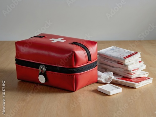 First Aid Kit on a Light Wood Surface photo