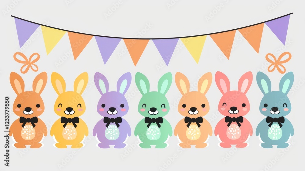 Naklejka premium Cartoon Easter Bunnies with Bow Ties Celebrating Spring Decorated with Bunting for Easter celebration
