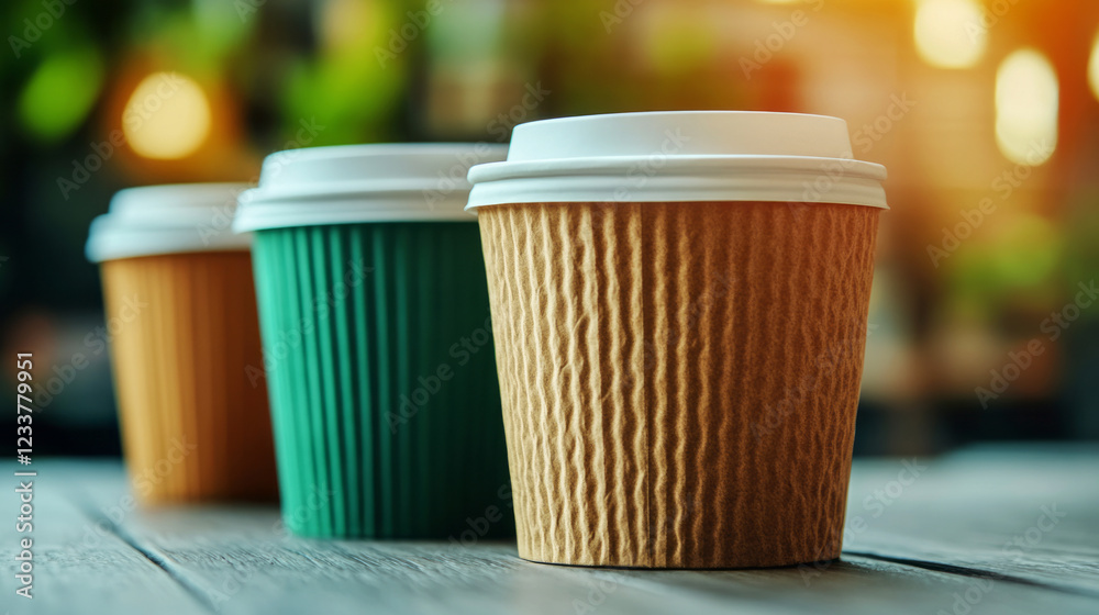 Colorful Disposable Coffee Cups on Wooden Table in Cozy Cafe Atmosphere with Natural Light Colorful Disposable Coffee Cups on Wooden Table in Cozy Cafe Atmosphere with Natural Light