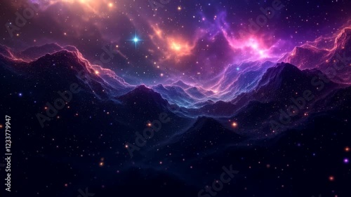 Cosmic Mountainscape Nebula, stars, fantasy landscape, digital art, background