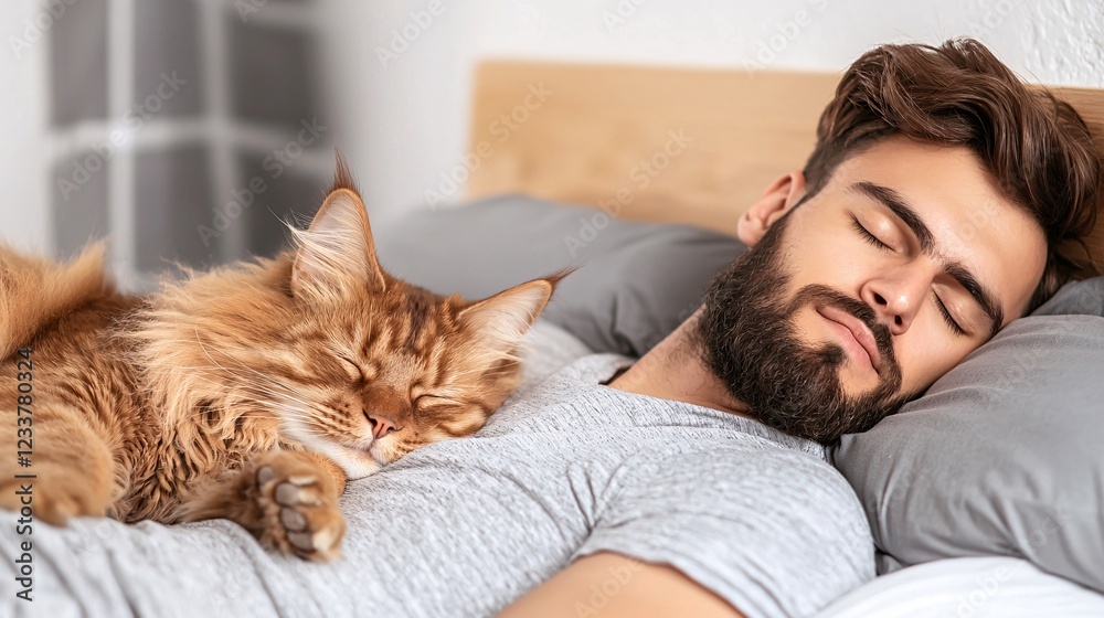 Love Your Pet Day concept. A man peacefully sleeps in bed with a fluffy cat resting beside him, showcasing a cozy and warm atmosphere. Love Your Pet Day concept. A man peacefully sleeps in bed with a fluffy cat resting beside him, showcasing a cozy and warm atmosphere.