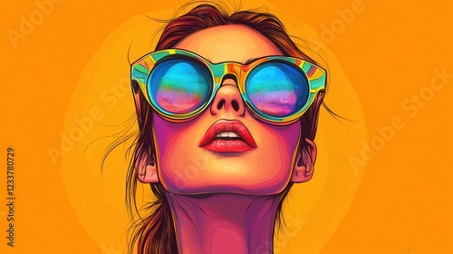 A modern pop art portrait of a beautiful woman wearing golden sunglasses against a bright orange background. photo