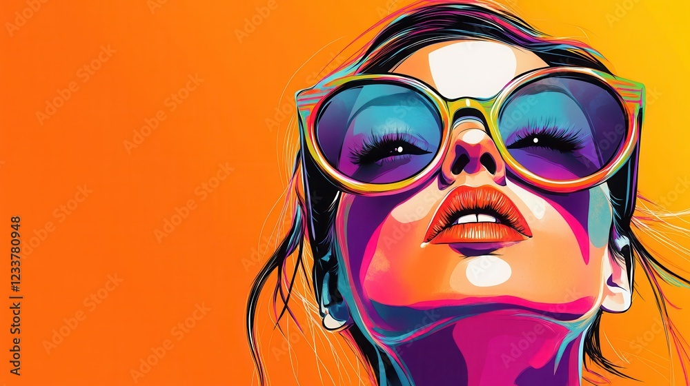 © KHF - A modern pop art portrait of a beautiful woman wearing golden sunglasses against a bright orange background.