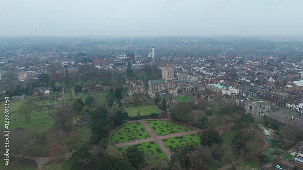 Aerial view of Bury St Edmunds, showing the cathedral, gardens and town layout Aerial view of Bury St Edmunds, showing the cathedral, gardens and town layout