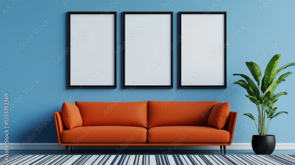 Fototapeta premium A Chic Interior Space Featuring a Stylish Orange Sofa Against a Light Blue Wall with Empty Frames