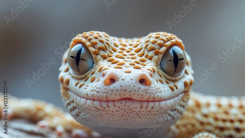 Close up of a leopard gecko s face with a natural background. photo