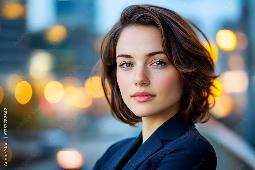Obraz premium Confident Young Woman with Shoulder-Length Hair and Warm Facial Expression in Urban Setting