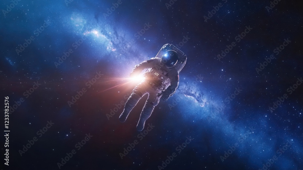 Fototapeta premium A solitary astronaut floats in the vastness of space, surrounded by a dazzling galaxy, representing exploration and the mysteries of the universe.