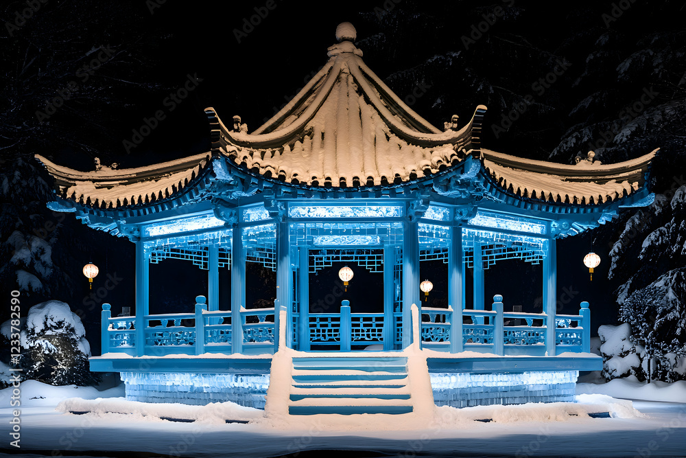 Obraz premium A Chinese New Year celebration held in a temple made of ice, where the walls glow softly in the light of thousands of lanterns, creating a peaceful, serene atmosphere