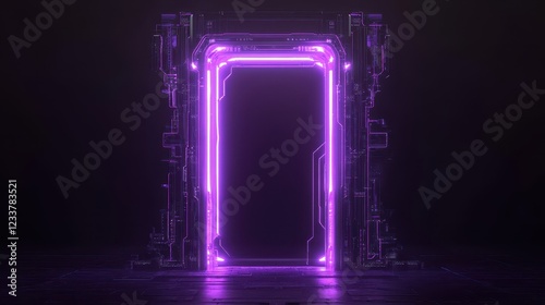 A neon glowing purple door portal with intricate mechanical details set against a dark background, evoking a sense of futuristic time travel and advanced technology. photo