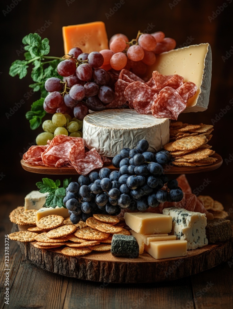 Gourmet Cheese Board with Salami and Grapes Gourmet Cheese Board with Salami and Grapes