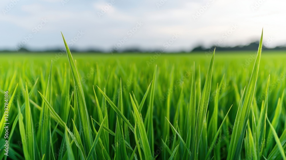 Obraz premium A lush green field of grass under a clear sky, showcasing vibrant blades swaying gently in the breeze.