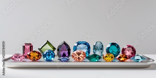 Collection of various gemstones in different shapes and colors arranged neatly on a display tray with Copy Space for text photo