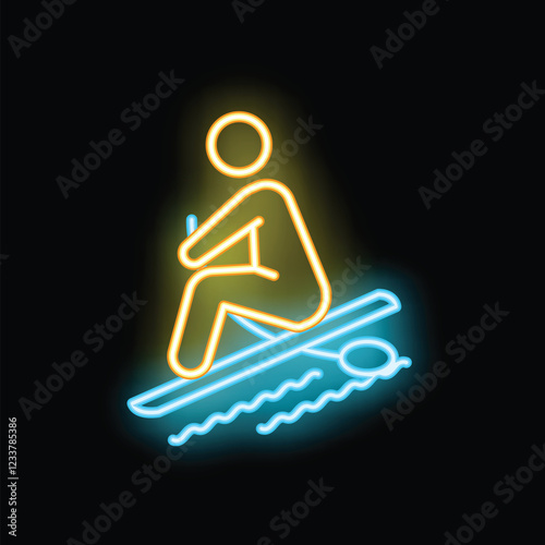 Colorful neon sign representing a water skier riding on the surface of the water, perfect for attracting customers to a bar or a shop