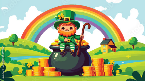 Pot of Gold Guarded by a Leprechaun, A mischievous leprechaun sitting atop a pot of gold, holding a wooden cane and smirking. Behind the leprechaun is a bright rainbow and rolling green hills 