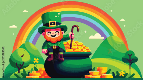 Pot of Gold Guarded by a Leprechaun, A mischievous leprechaun sitting atop a pot of gold, holding a wooden cane and smirking. Behind the leprechaun is a bright rainbow and rolling green hills 